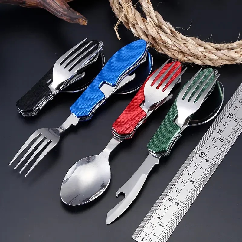 Outdoor Camping Dining Set - Stainless Steel Cutlery 4in1 Outdoor Picnic